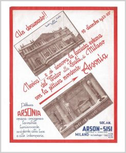 1933 - ARSON-SISI Industrie Riunite Vernici Smalti. Volantino “pittura ARSONIA” per Teatro alla Scala (Milano).